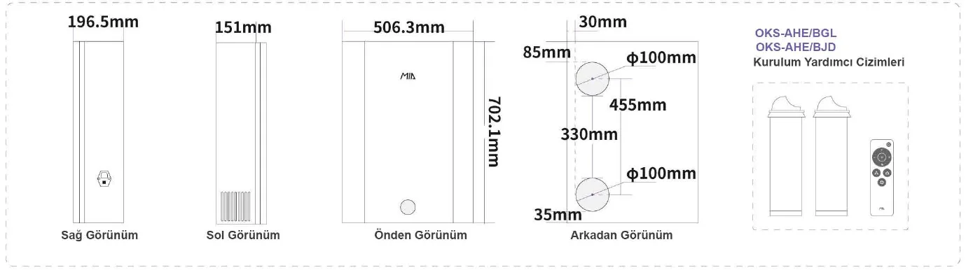 OKS-AHE ölçüleri ve iki Ø100 mm ağız