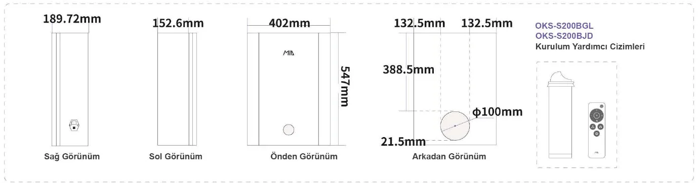 OKS-S200 ölçüleri ve tek Ø100 mm ağız